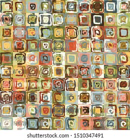 Seamless pattern. Abstract curls made by a rough brush on a checkered background. Chaos of color. Children's paints.