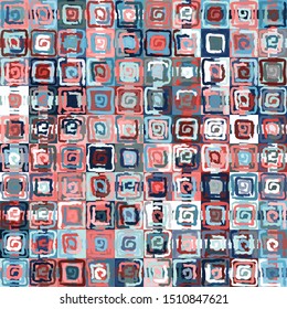 Seamless pattern. Abstract curls made by a rough brush on a checkered background. Chaos of color. Children's paints.