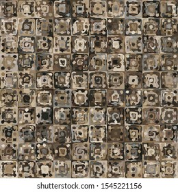 Seamless pattern. Abstract curls made by a rough brush on a checkered background. Chaos of colors. The colors of rusty iron.