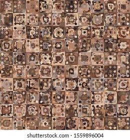 Seamless pattern. Abstract curls made by a rough brush on a checkered background. Chaos of colors. The colors of rusty iron.