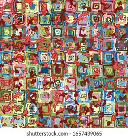 Seamless pattern. Abstract curls made by a rough brush on a checkered background. Chaos of color. Children's paints.