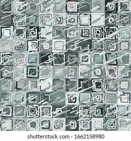 Seamless pattern. Abstract curls made by a rough brush on a checkered background. Spring paints. Chaotic colors. Oblique spray.