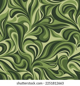 Seamless pattern with abstract curly floral ornament. Modern endless camo texture with drops and leaves. Vector background.