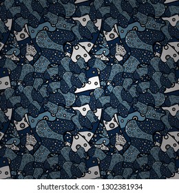 Seamless pattern Abstract cute background. Doodles pattern. Blue, white and black on colors. Vector illustration. Design wrapping and gift paper, greeting cards, banner and posters design.