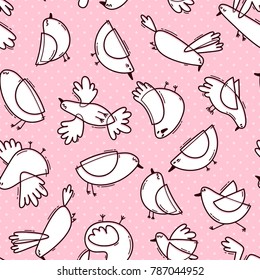 Seamless pattern with abstract cute birds. Simple line design. Gentle colors. Vector background.
