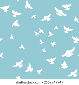 Seamless pattern with abstract cute flying bird silhouette on blue sky. Cute background for Bird's Day or Easter design template for wrapping or fabric. Vector stock illustration.