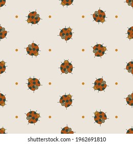 Seamless pattern with abstract cute ladybugs in flat style. Software error icons. Stylish background with insects for apps and websites. Vector illustration