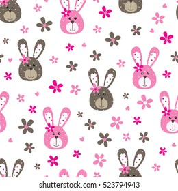 Seamless pattern with abstract cute rabbits and flowers for kids design