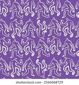 A seamless pattern of abstract dancing figures in a whimsical, hand-drawn style. The fluid shapes and purple background create a dynamic and decorative surface.