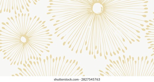 A seamless pattern of abstract dandelion seed heads in soft yellow and pink hues on a white background.