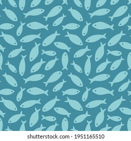 Seamless pattern with abstract decorative fish silhouette on blue background. Vector stock illustration.