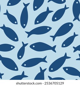 Seamless pattern with abstract decorative fish silhouette on blue background. Vector stock illustration.