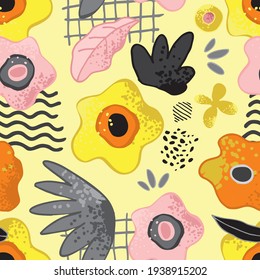 Seamless pattern with abstract decorative flowers, leafs, symbols, shapes, stripes, spots. Floral background in trendy yellow, gray colors. Wallpaper, wrapping paper, textile. Vector illustration