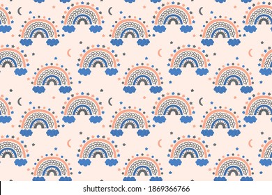 Seamless pattern of abstract decorative rainbow decorated with stars, clouds and crescents in blue, soft pink and gray colors on a beige background. For nursery  wallpaper. Vector children`s texture.