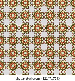 Seamless pattern with abstract decorative shapes in red, khaki and brown hues, hand drawing vector on the pale grey background