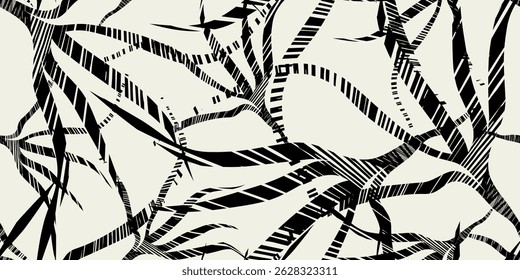Seamless pattern of abstract design with grunge geometric lines, raw brush strokes, and linen canvas textures. Ideal for fashion fabrics, dark decor, or graphic backdrops. Minimalist yet bold. Vector 