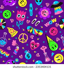 Seamless pattern with abstract designs. Acid colours crazy trippy icons and phrases. Hippy sign, retro style background. Decor textile, wrapping paper, wallpaper. Print for fabric vector concept