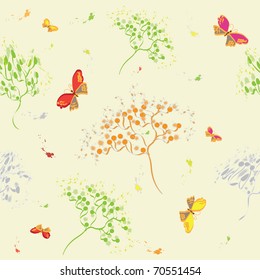 Seamless pattern with abstract dill, butterflies and birds