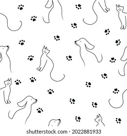 Seamless pattern with abstract dogs and cats drawn  in a black line on a white background. Hand drawing dogs and cats vector graphic