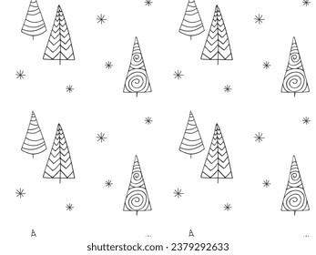Seamless pattern of abstract doodle Christmas trees. Black contour hand drawn geometric spruce fir pine. Winter holiday forest background