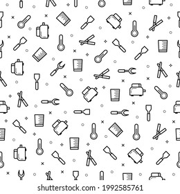 Seamless Pattern Abstract Doodle Collection Kitchen Cooking Glass Fork Thermometer Toaster Scapula Logo Vector Symbol Icon Design Style
