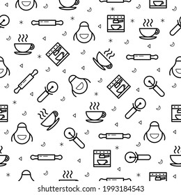 Seamless Pattern Abstract Doodle Collection Kitchen Cooking Cup Coffee Machine Apron Rolling Pin Logo Vector Symbol Icon Design Style