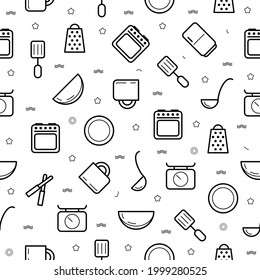 Seamless Pattern Abstract Doodle Collection Kitchen Cooking Plate  Cup Libra Scoop Kitchen Stove Grater Logo Vector Symbol Icon Design Style