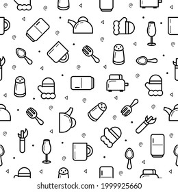 Seamless Pattern Abstract Doodle Collection Kitchen Cooking Glass Kettle Fork Cup Refrigerator Salt Shaker Toaster Logo Vector Symbol Icon Design Style