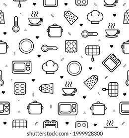 Seamless Pattern Abstract Doodle Collection Kitchen Cooking Grill Grates Cap Grater Thermometer Microwave Plate Cup Logo Vector Symbol Icon Design Style