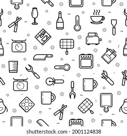 Seamless Pattern Abstract Doodle Collection Kitchen Cooking Bottle Knife Thermometer Fork Ladle Cutting Board Glass Cup Kitchen Stove Logo Vector Symbol Icon Design Style