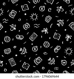 Seamless Pattern Abstract Doodle Elements Hand Drawn Collection Travel Tourism Sketch Vector Design Style Background Summer Sun Compass Camera Plane Glasses Ticket Illustration Icons