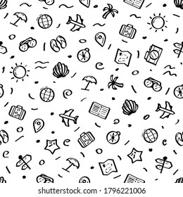 Seamless Pattern Abstract Doodle Elements Hand Drawn Collection Travel Tourism Sketch Vector Design Style Background Summer Sun Compass Camera Plane Glasses Ticket Illustration Icons