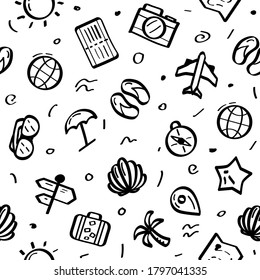 Seamless Pattern Abstract Doodle Elements Hand Drawn Collection Travel Tourism Sketch Vector Design Style Background Summer Sun Compass Camera Plane Glasses Ticket Illustration Icons