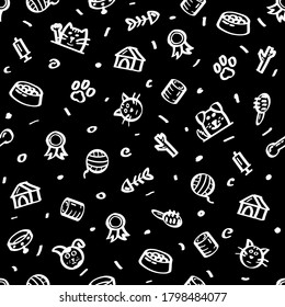 Seamless pattern Abstract Doodle Elements Hand Drawn Collection Pets Animal Sketch Vector Design Style Background Dog Cat Bone Food Training Caring Grooming  Illustration Icons