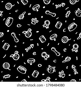 Seamless pattern Abstract Doodle Elements Hand Drawn Collection Pets Animal Sketch Vector Design Style Background Dog Cat Bone Food Training Caring Grooming  Illustration Icons
