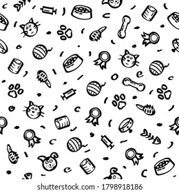 Seamless pattern Abstract Doodle Elements Hand Drawn Collection Pets Animal Sketch Vector Design Style Background Dog Cat Bone Food Training Caring Grooming  Illustration Icons