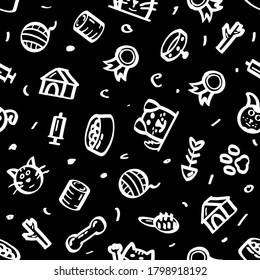 Seamless pattern Abstract Doodle Elements Hand Drawn Collection Pets Animal Sketch Vector Design Style Background Dog Cat Bone Food Training Caring Grooming  Illustration Icons