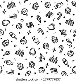 Seamless Pattern Abstract Doodle Elements Hand Drawn Collection Sweet Sketch Vector Design Style Background Candy Ice Cream Cakes Delicious Illustration Cartoon Icons