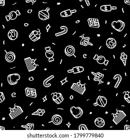 Seamless Pattern Abstract Doodle Elements Hand Drawn Collection Sweet Sketch Vector Design Style Background Candy Ice Cream Cakes Delicious Illustration Cartoon Icons