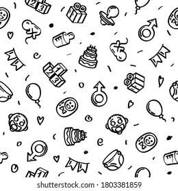 Seamless Pattern Abstract Doodle Elements. Hand Drawn Birthday Sketch Style Collection Vector Design Background. Child, Balloon, Cake, Ribbon, Diapers Cartoon Icon Illustration