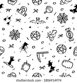 Seamless Pattern Abstract Doodle Elements Hand Drawn Collection Halloween Sketch Vector Design Style Background Spider Web Bat Ghost Pumpkin Tree Illustration Cartoon Icons