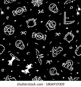 Seamless Pattern Abstract Doodle Elements Hand Drawn Collection Halloween Sketch Vector Design Style Background Spider Web Bat Ghost Pumpkin Tree Illustration Cartoon Icons