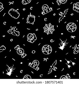 Seamless Pattern Abstract Doodle Elements Hand Drawn Collection Halloween Sketch Vector Design Style Background Spider Web Bat Ghost Pumpkin Tree Illustration Cartoon Icons