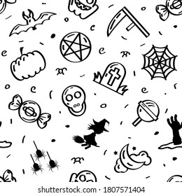 Seamless Pattern Abstract Doodle Elements Hand Drawn Collection Halloween Sketch Vector Design Style Background Spider Web Bat Ghost Pumpkin Tree Illustration Cartoon Icons