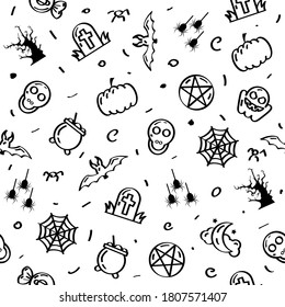 Seamless Pattern Abstract Doodle Elements Hand Drawn Collection Halloween Sketch Vector Design Style Background Spider Web Bat Ghost Pumpkin Tree Illustration Cartoon Icons
