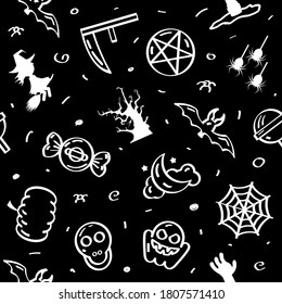 Seamless Pattern Abstract Doodle Elements Hand Drawn Collection Halloween Sketch Vector Design Style Background Spider Web Bat Ghost Pumpkin Tree Illustration Cartoon Icons