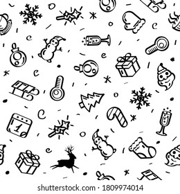 Seamless Pattern Abstract Doodle Elements Hand Drawn Collection Winter Sketch Vector Design Style Background Snowflake Snowman Santa Glove Christmas Toy Tree Illustration Cartoon Icons