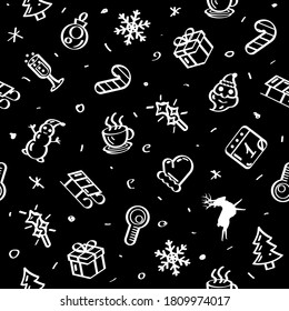 Seamless Pattern Abstract Doodle Elements Hand Drawn Collection Winter Sketch Vector Design Style Background Snowflake Snowman Santa Glove Christmas Toy Tree Illustration Cartoon Icons