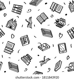 Seamless Pattern Abstract Doodle Elements Hand Drawn Collection Books Sketch Vector Design Style Background Reading Education Library E-Book Illustration Cartoon Icons