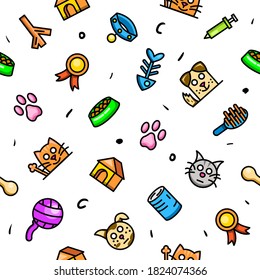 Seamless pattern Abstract Doodle Elements Hand Drawn Collection Pets Animal Sketch Vector Design Style Background Dog Cat Bone Food Training Caring Grooming  Illustration Icons